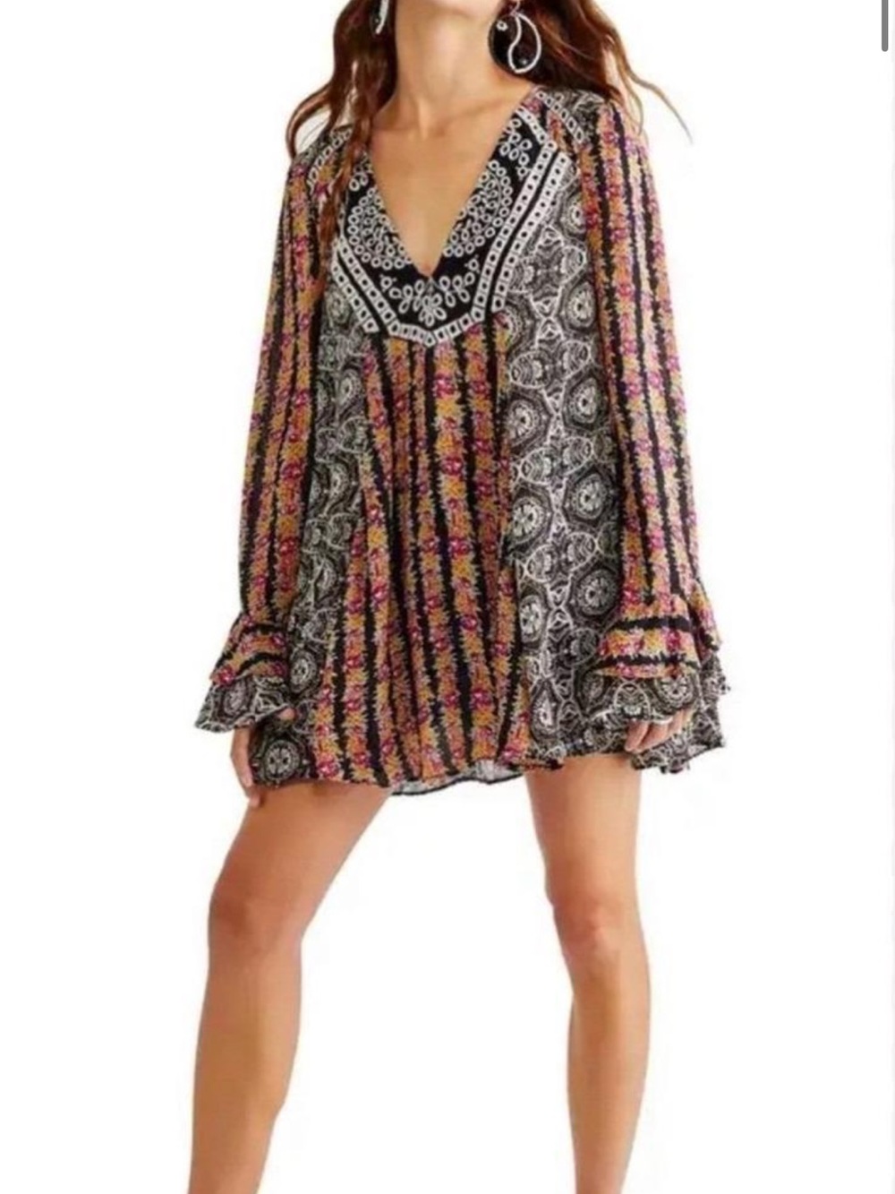 Free People Fallin Into You Long Sleeve Tunic Dress boho embroidered size small